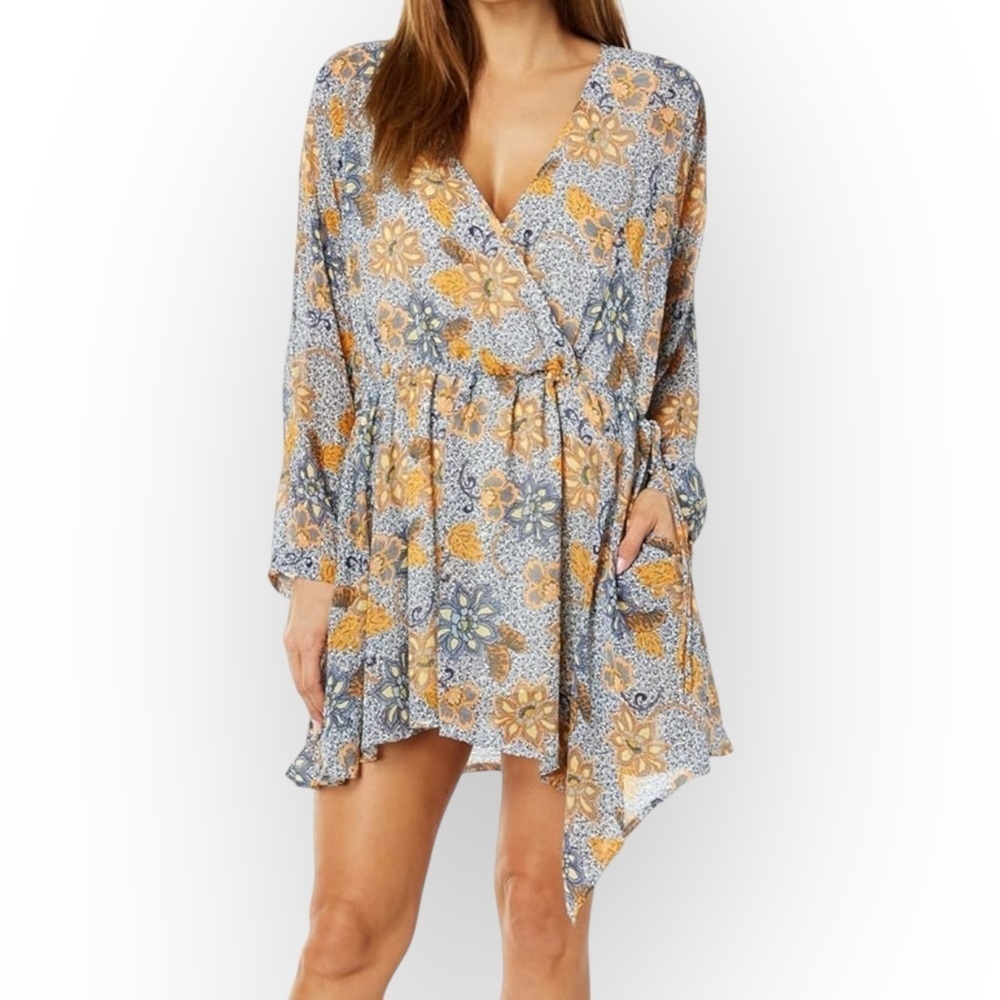 Free People Teegan Mini Wrap Front Dress Blue Yellow Floral Size XS